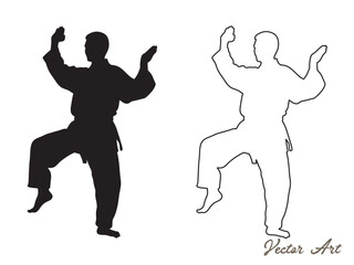 Karate fighter in kimono, vector silhouette illustration.