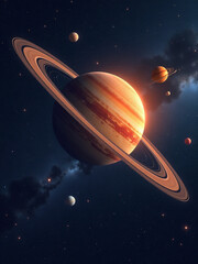 Futuristic 3D Space Illustration of a Glowing Planet with Rings in a Distant Galaxy

