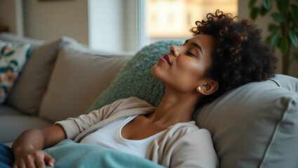Relaxed Young African American Woman Napping on Comfortable Sofa in Living Room: Embracing Peaceful Sleep and Chill Vibes at Home - Perfect Stock Photo Concept for Relaxation and Rest