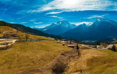 High resolution stitched alpine winter drone panorama with Mount Watzmann and Mount Hochkalter in...