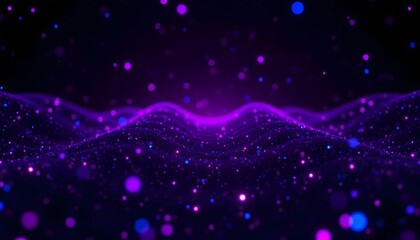A visually captivating 3D render showcasing a multitude of small ultraviolet and blue particles soaring gracefully against a striking black festive background