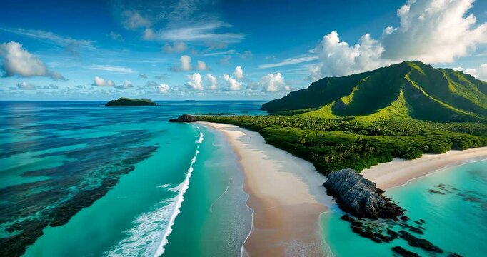 Stunning aerial view from a drone of a lagoon, coral reef, and island.