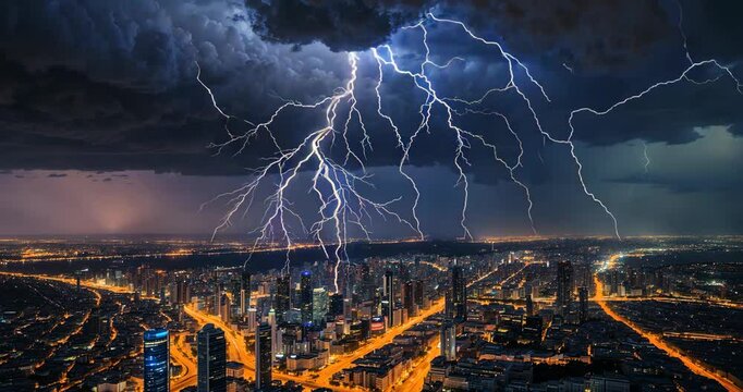 Stunning lightning above a nighttime city, incredible night panorama, vibrant bright zipper, turbulent weather, concept of nature's power.
