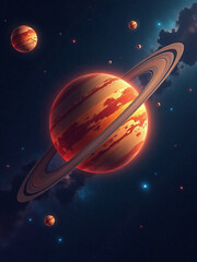 Futuristic 3D Space Illustration of a Glowing Planet with Rings in a Distant Galaxy
