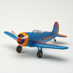 Fototapeta premium Nostalgic Blue and Orange Toy Airplane Model on White Backdrop Capturing Childhood Dreams and Aviation Spirit with a Clean Studio Shot