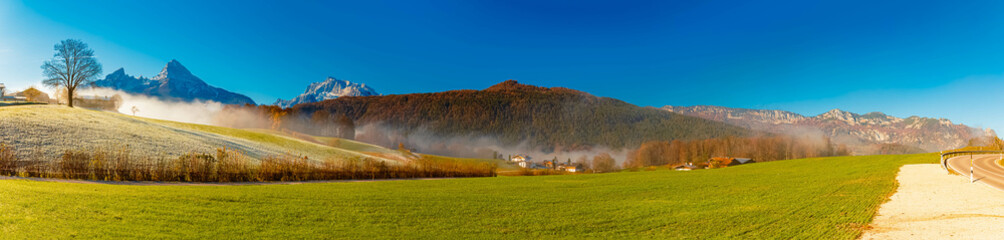 High resolution stitched alpine autumn or indian summer panorama with Mount Watzmann in the...