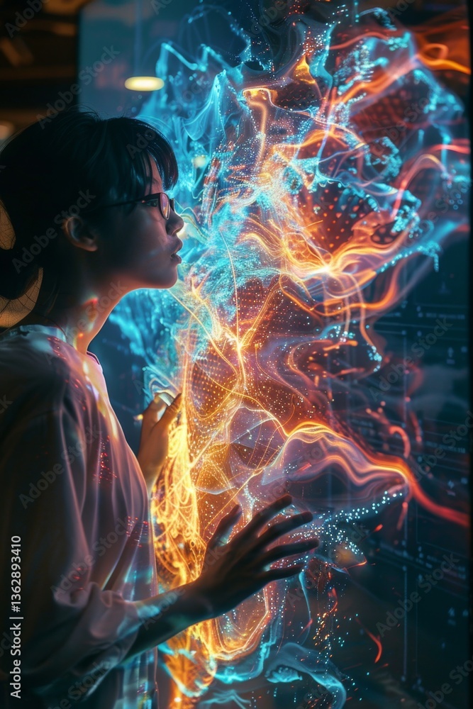Poster holographic projection of complex data visualization transforming interactions with information