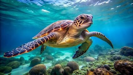Fototapeta premium Green sea turtle swimming in the ocean near a coral reef