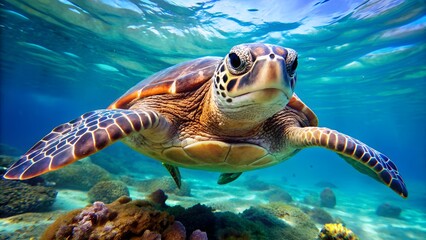 Fototapeta premium Green sea turtle swimming through a tropical coral reef