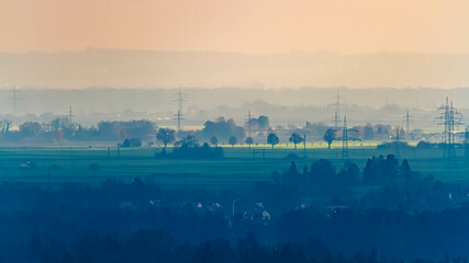 Fototapeta premium Evening far view seen from Mount Bogenberg, Bogen, Danube, Straubing-Bogen, Bavaria, Germany