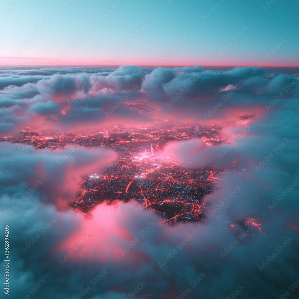 Poster Neural Urbanism Futuristic Smart City Connectivity Visualized Through Luminescent Digital Infrastructure and Ambient Cloud Mapping for Next-Gen Technological Innovation