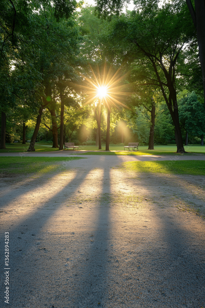 Poster sunlight filtering through trees creates beautiful rays in a serene park setting