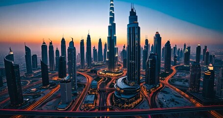Bird's-eye view of the skyline, highways, or streets. Business zone and financial sector in a smart urban environment. Skyscrapers and tall buildings during sunset.