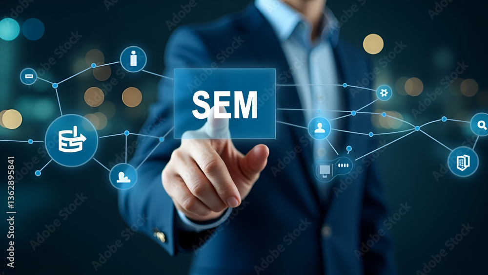 Poster businessman highlighting sem icons on digital interface: a visual guide to search engine marketing s