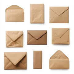 Set of brown envelopes (sealed, empty and with a blank paper inside), isolated on white background