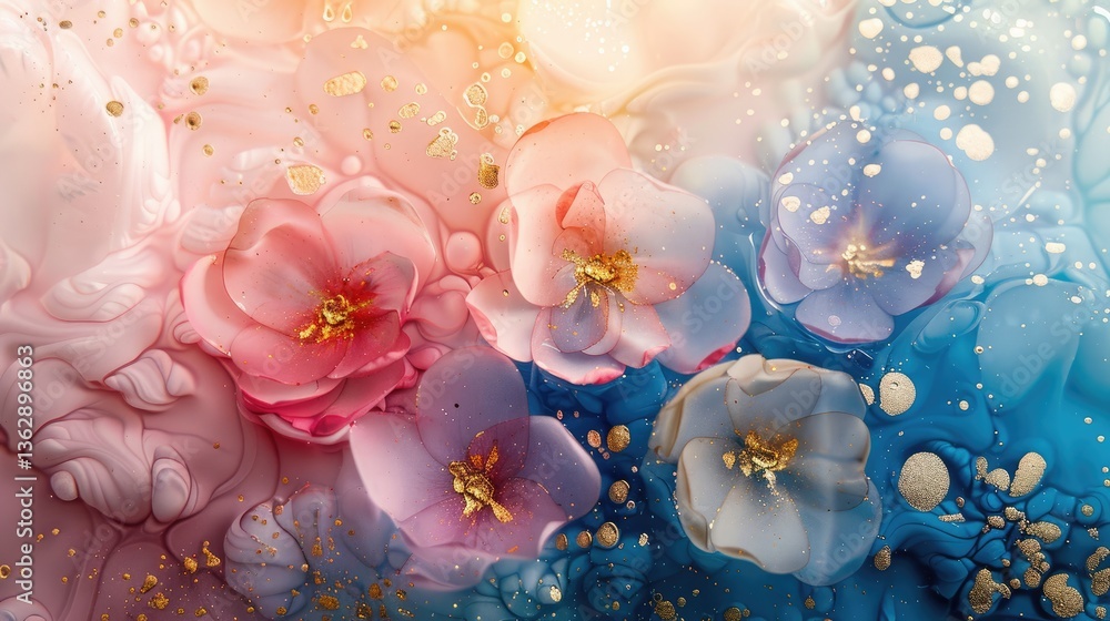 Poster the close up picture of the blue and pink colour of the flower with gold colour trimmed, abstract ar