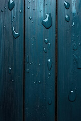 Obraz premium Droplets of water glistening on dark blue wooden surface after rain at dusk