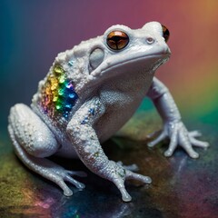 A surreal white toad with a delicate, glass-like body reflecting rainbow hues.