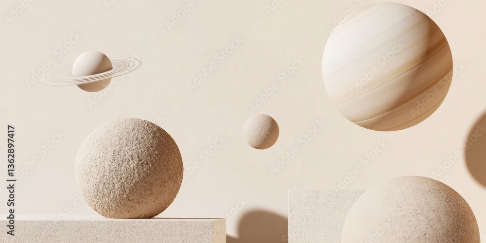 Aufkleber minimalist planetary abstract textural neutral-tone spheres exploring spatial design, contemporary a