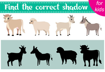 Brainteaser for kids. Farm animals. Cow, sheep, goat and donkey. Find the correct shadow. Educational cards. Activity for preschoolers and toddlers.