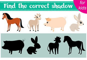 Brainteaser for kids. Farm animals. Horse, calf, pig and rabbit. Find the correct shadow. Educational cards. Activity for preschoolers and toddlers.