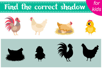 Brainteaser for kids. Farm animals. Rooster, hen and chick. Find the correct shadow. Educational cards. Activity for preschoolers and toddlers.