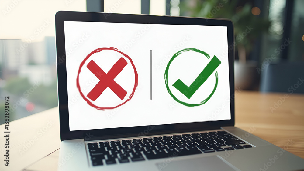 Poster smart decision making: choosing options with check marks on laptop for business dilemmas
