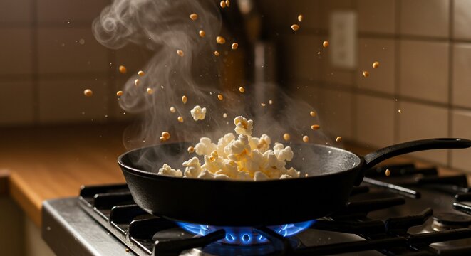 Steam rises from popcorn popping in a black skillet on a gas stove