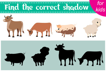 Brainteaser for kids. Farm animals. Bull, cow, pig and sheep. Find the correct shadow. Educational cards. Activity for preschoolers and toddlers.