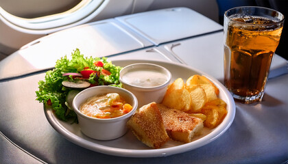 delicious in flight meal with salad and drink