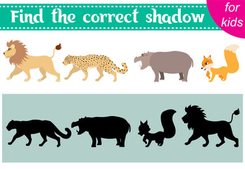 Brainteaser for kids. Zoo animals. Lion, leopard, hippopotamus and fox. Find the correct shadow. Educational cards. Activity for preschoolers and toddlers.