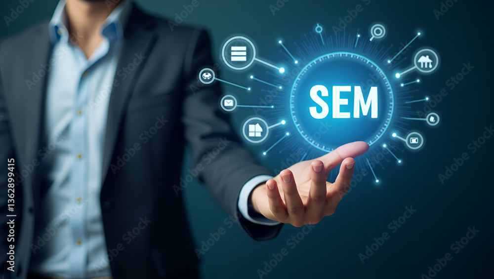 Poster flat businessman points to sem icons on digital interface representing search engine marketing seo s