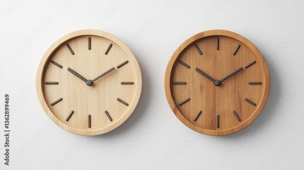 Poster two round wooden clocks on a white wall displaying different wood tones minimal design timekeeping d