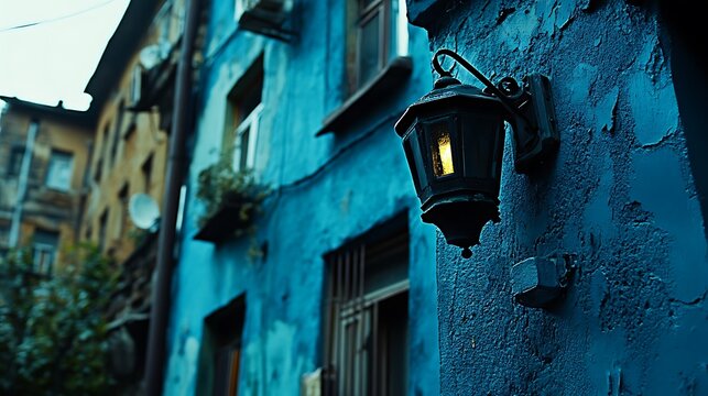 Eerie Streetlight Casting a Glow on an Old Blue Building Facade at Dusk