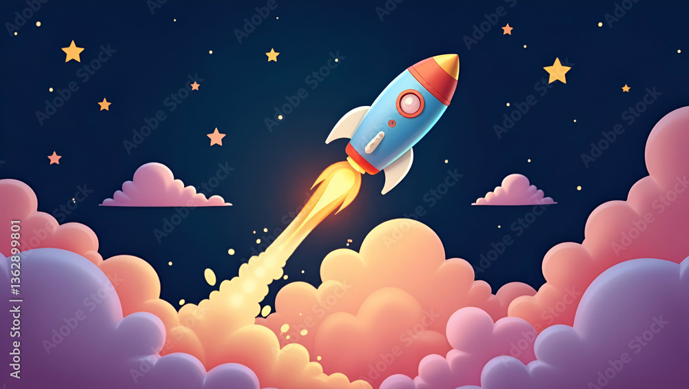 Poster flat colorful rocket blasting off into space with stars and clouds symbolizing innovation exploratio