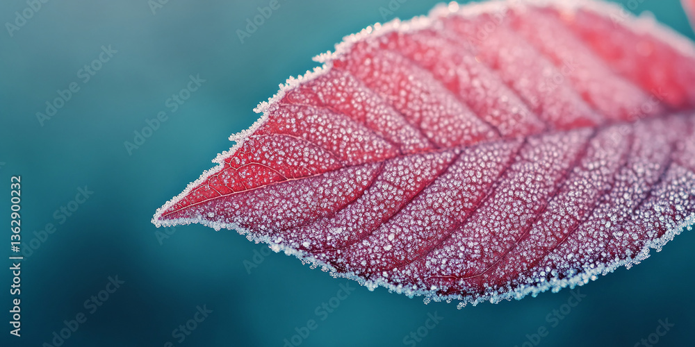 Poster close-up of frost-covered red leaf, showcasing intricate texture and delicate ice crystals. symboliz