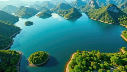 Obraz premium Irregularly shaped lake with inlets and islands, aerial view, world, natural, flora