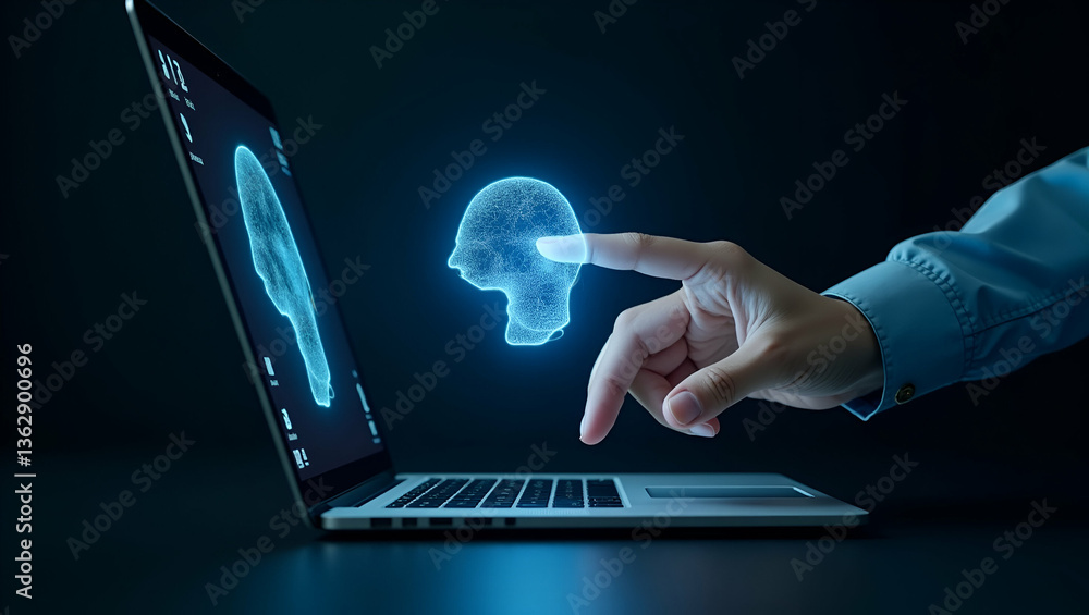 Poster flat hand utilizing holographic ai image generator on laptop: showcasing futuristic user interface a