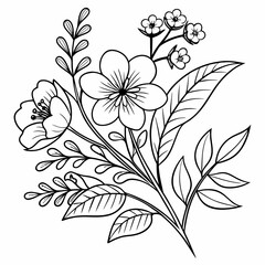 Outline vector drawing of flowers for adult coloring books. Page of floral pattern in black and white