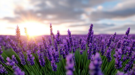 Fototapeta premium Flowers morning mist Concept, Breathtaking Lavender Field Under a Beautiful Morning Sky with Golden Sunlight and Soft Clouds