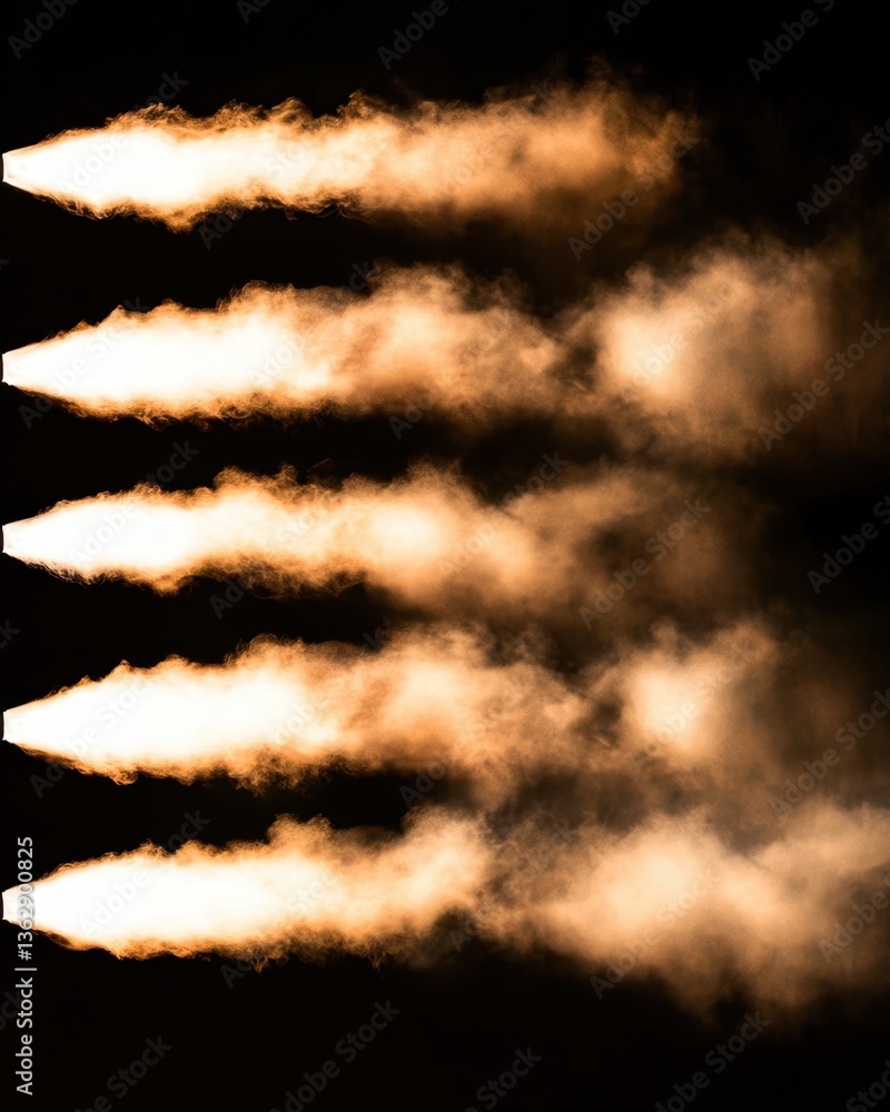 Poster dynamic display of golden smoke plumes against a stark black background creating a mesmerizing visua