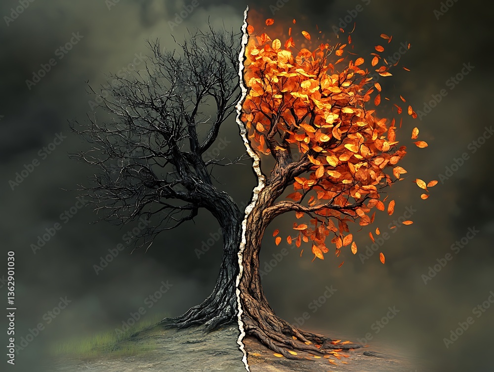 Poster digital artwork featuring a single tree split into two contrasting halves representing desolation an