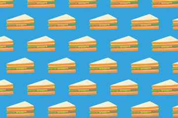A seamless pattern of classic layered sandwiches on a bright blue background. Perfect for café menus, fast-food packaging, picnic themes, and kids' party designs.
