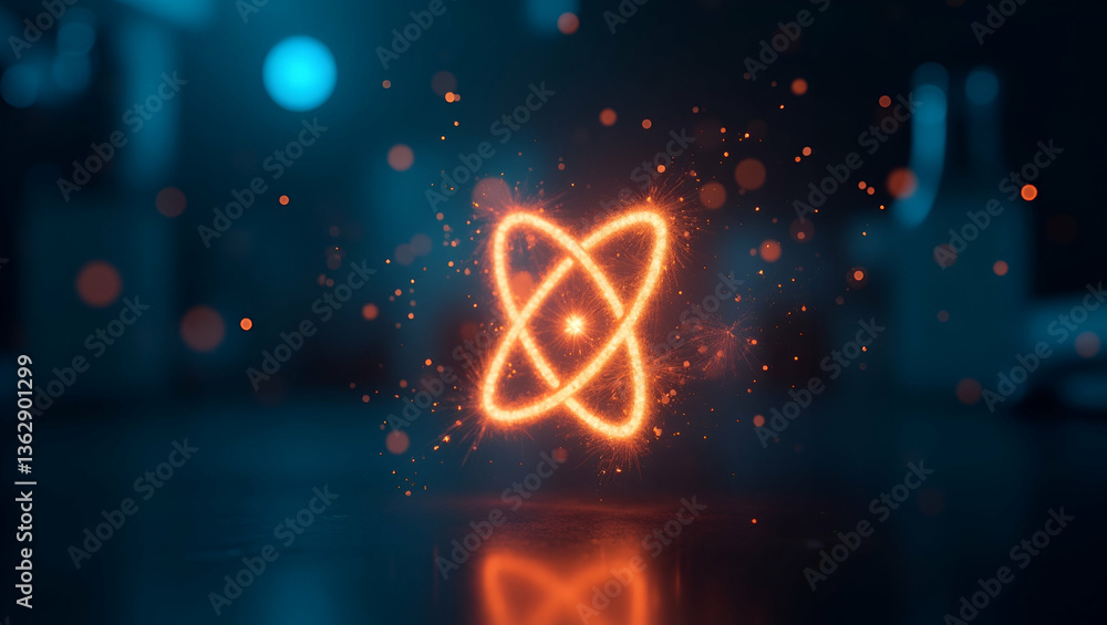 Poster glowing atomic symbol in dark science lab: swirling light particles representing energy technology a