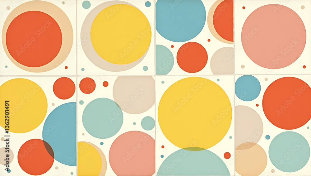 Poster flat retro pop art circle tile pattern with vibrant primary hues on white surface for playful vintag