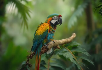 A beautiful parrot perched on a tree branch in the morning dew