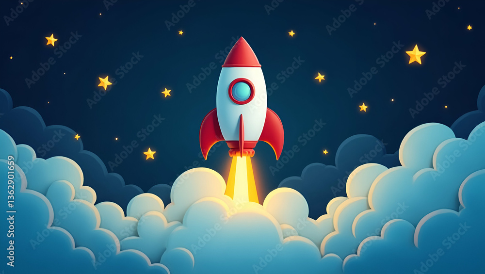Poster colorful rocket blasting off into space with stars and clouds symbolizing innovation exploration and