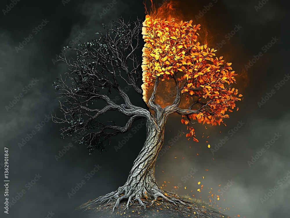 Poster digital artwork featuring a single tree split into two contrasting halves representing desolation an