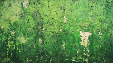 Close up of a textured wall with peeling green paint and some lighter patches visible throughout it