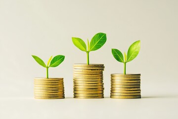 Golden Coin Stacks with Growing Seedlings, Isolated on White Background, Finance Concept